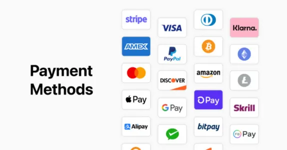 Image displaying various payment method logos including credit cards and cryptocurrencies.