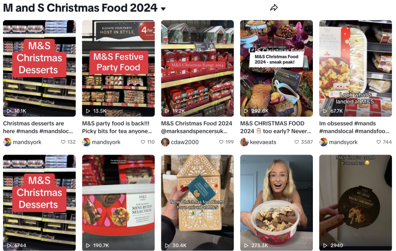 M&S Christmas food display 2024 featuring desserts and party food.