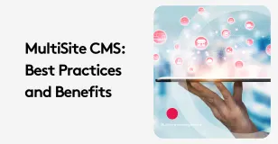 Multisite CMS best practices and benefits concept with digital network icons.