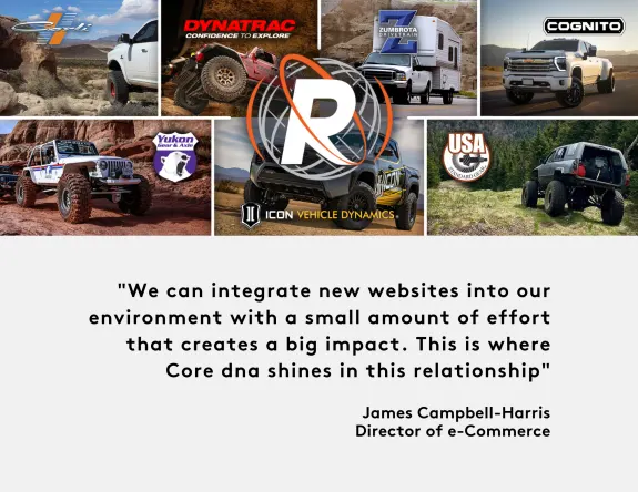 Collage of off-road vehicles, brand logos, and a quote from James Campbell-Harris.