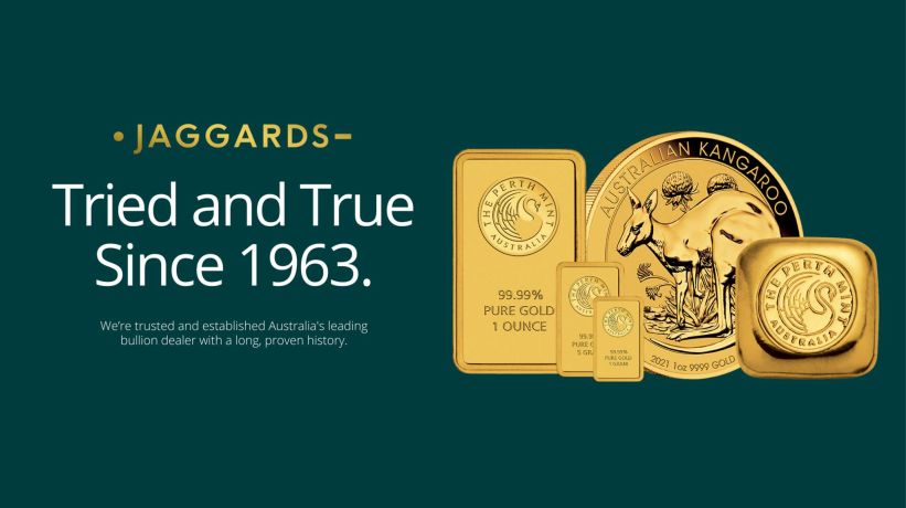 Jaggards gold bullion coins and bars with text 'Tried and True Since 1963' on green background.