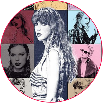 Pop art style collage of a woman in various poses and outfits.