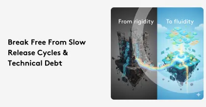 Illustration showing transition from rigidity to fluidity in software development, highlighting technical debt and release cycles.
