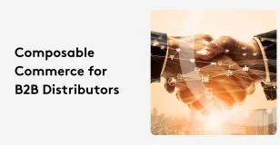Two hands shaking with digital icons overlay, symbolizing composable commerce for B2B distributors.