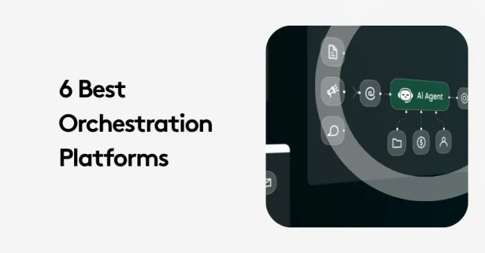 Diagram with AI agent and icons, titled '6 Best Orchestration Platforms.'