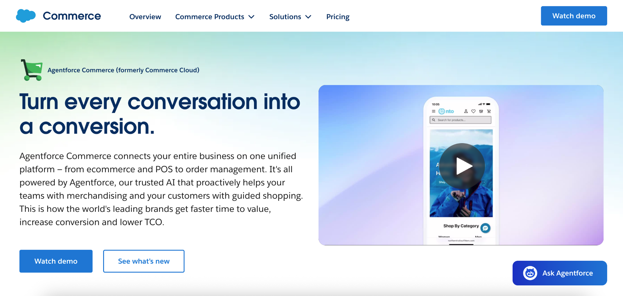 Agentforce Commerce banner with text 'Turn every conversation into a conversion' and mobile interface preview.