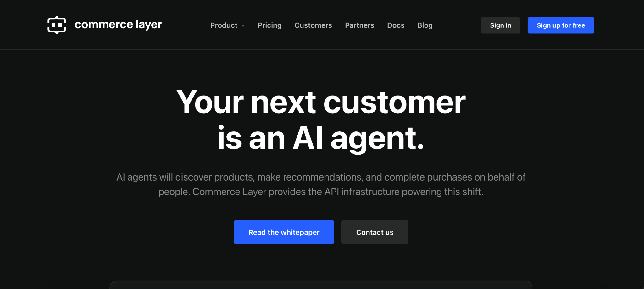 Commerce Layer website banner stating 'Your next customer is an AI agent' with navigation menu.