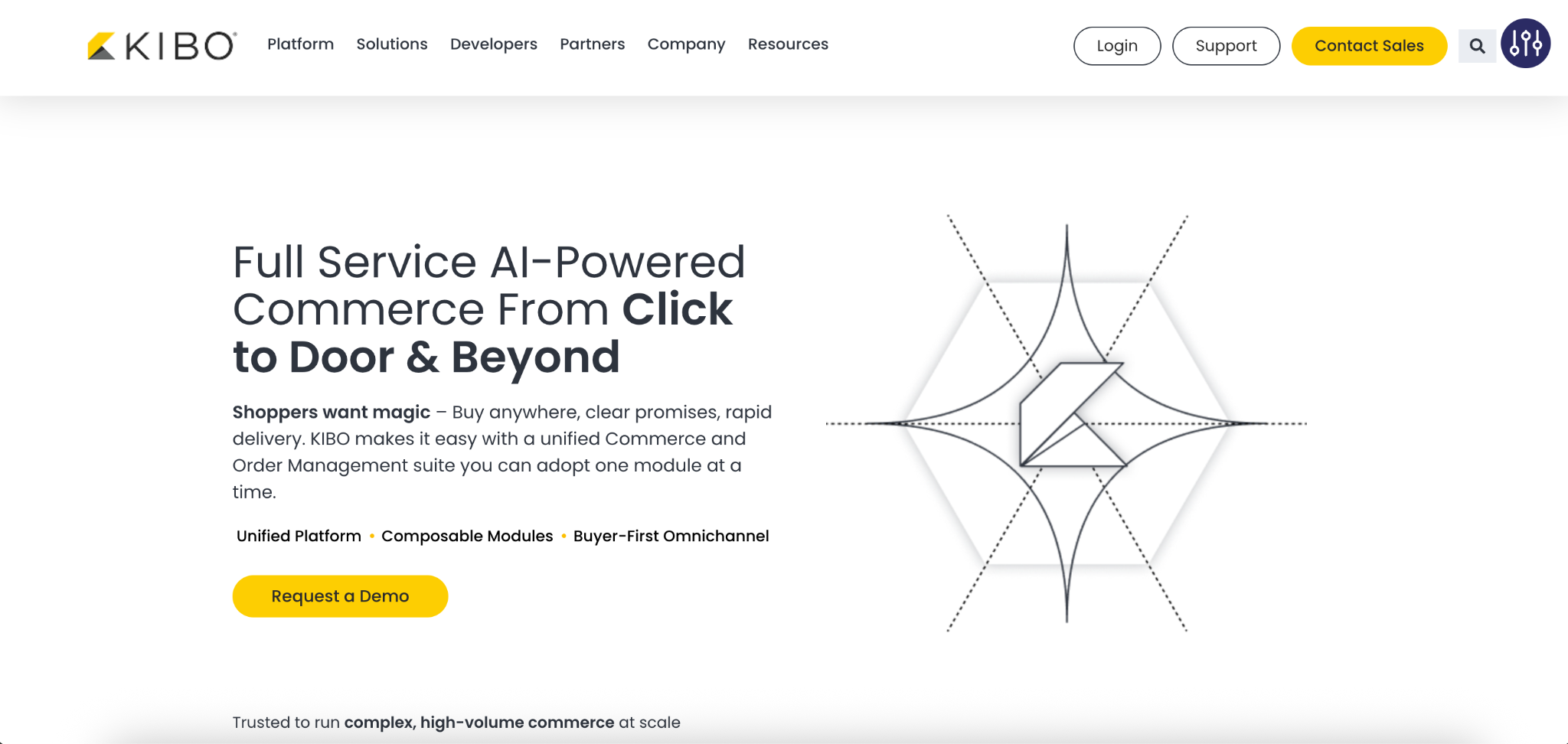Kibo full service AI-powered commerce platform homepage screenshot.