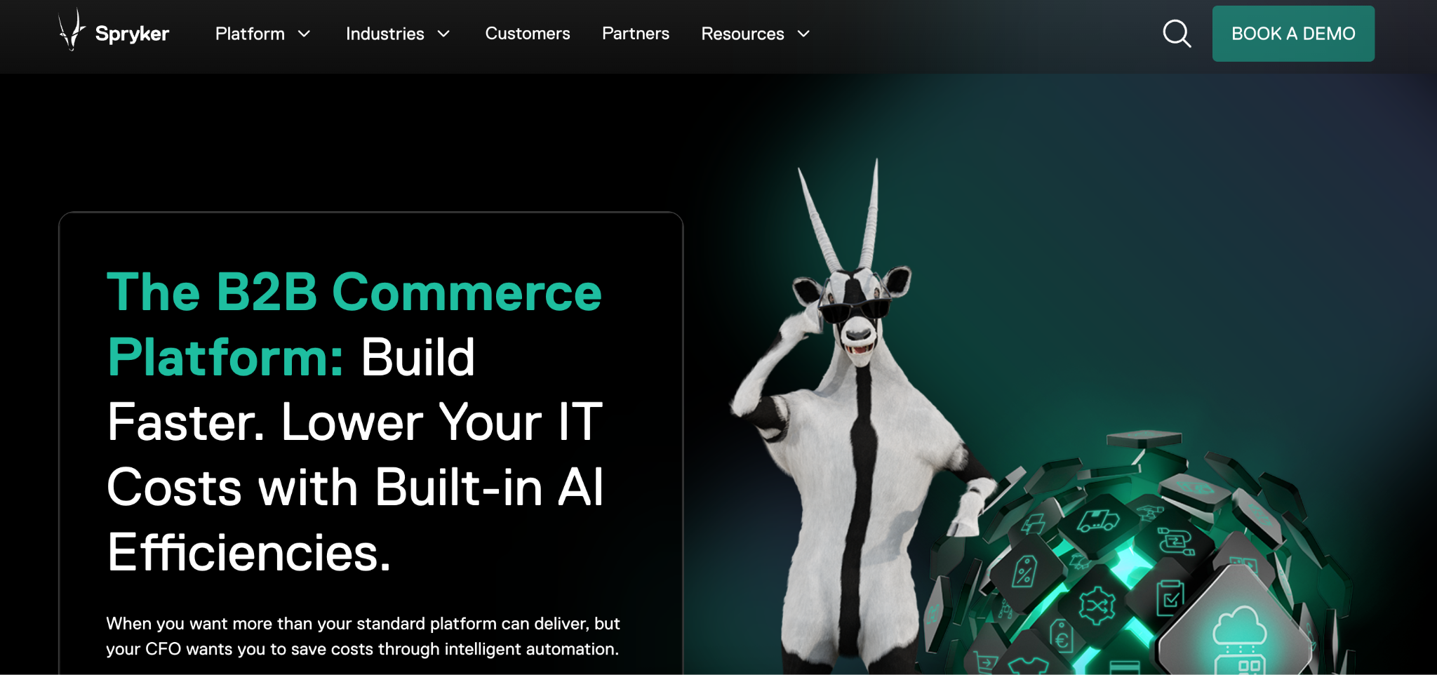 Spryker B2B commerce platform with a goat wearing sunglasses and AI efficiencies globe.
