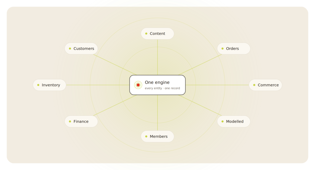 Diagram showing a data management system with central engine and connected entities like customers, content, orders, and more.