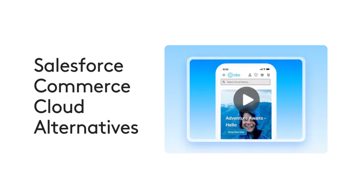 Salesforce Commerce Cloud alternatives text with mobile app preview on blue background.