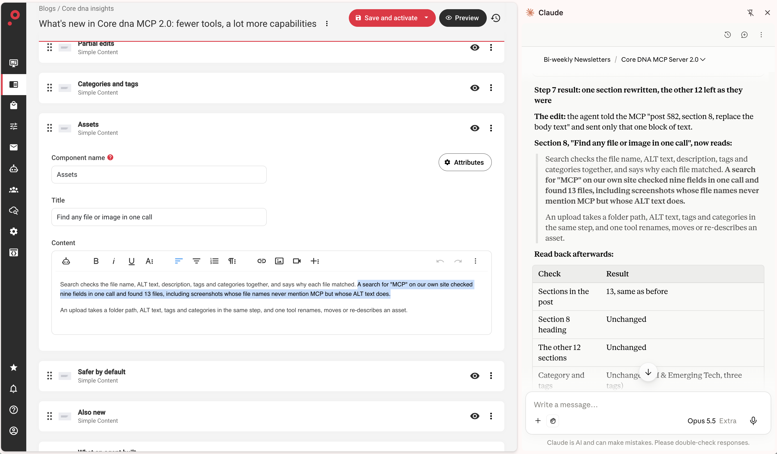 A blog post section edited by Claude, open in the Core dna admin with the new sentence highlighted.