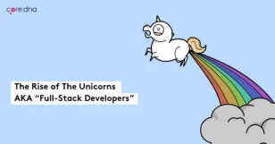 Illustration of a unicorn with rainbow tail symbolizing full-stack developers.