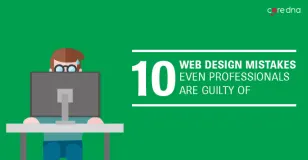 Illustration of person at computer with text about web design mistakes.