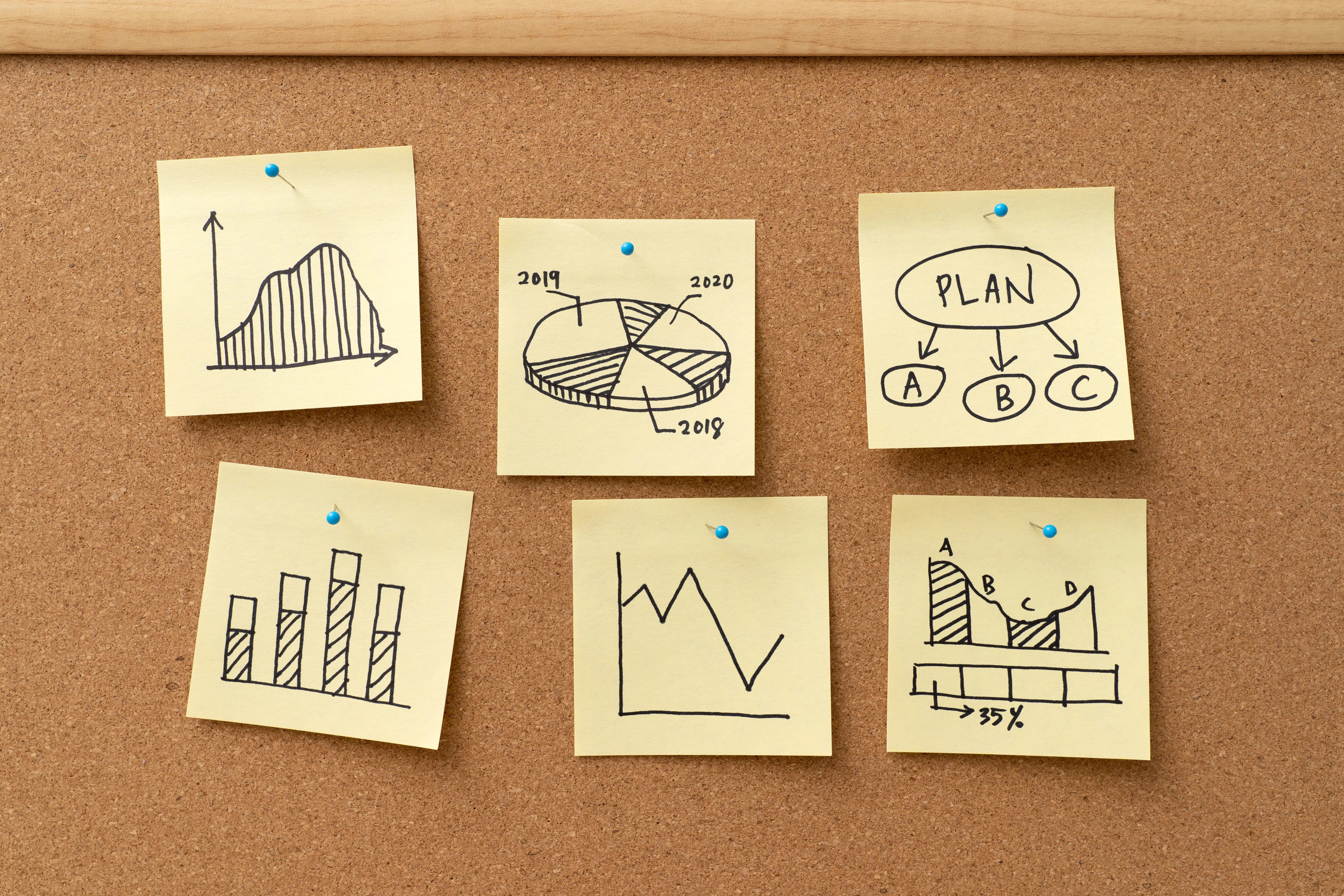 Cork board with hand-drawn charts and diagrams on sticky notes.