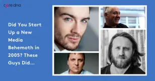 Collage of four men involved in a 2005 media startup with text overlay on blue background.