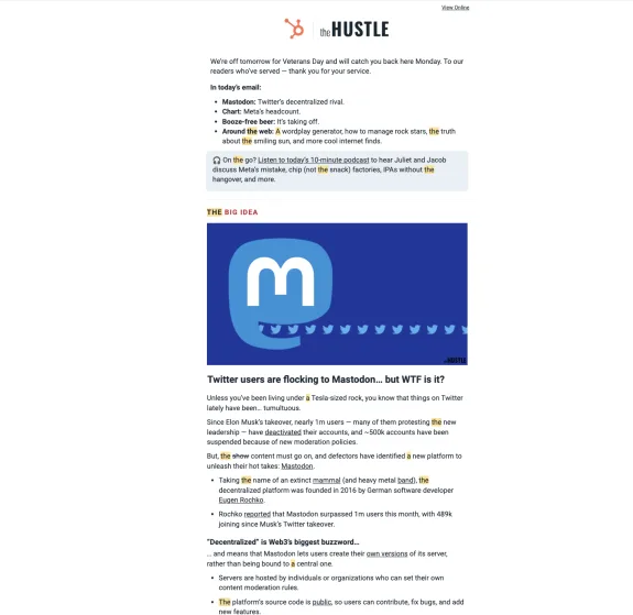 Newsletter page featuring Mastodon as Twitter's decentralized rival, with headlines and podcast link.