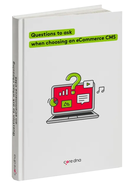 Ebook cover titled 'Questions to ask when choosing an eCommerce CMS' by Coredna