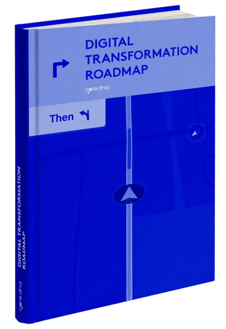 Blue book cover titled 'Digital Transformation Roadmap' with navigation icon.
