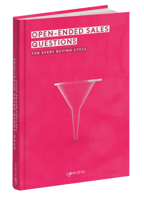Book cover titled 'Open-Ended Sales Questions for Every Buying Cycle' with pink background and funnel graphic.