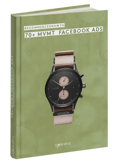 Book cover of 70+ MVMT Facebook Ads showing a stylish watch on a green background.