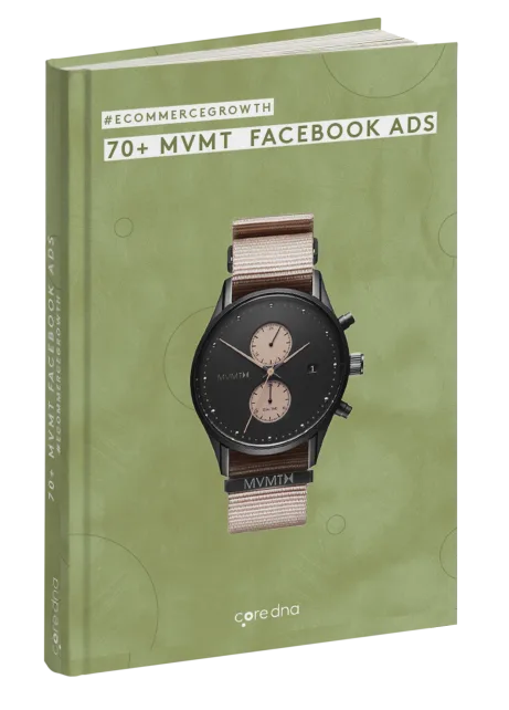 Book cover of 70+ MVMT Facebook Ads showing a stylish watch on a green background.
