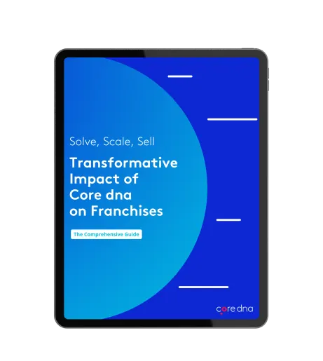 Ebook cover titled 'Transformative Impact of Core dna on Franchises' in blue and white.