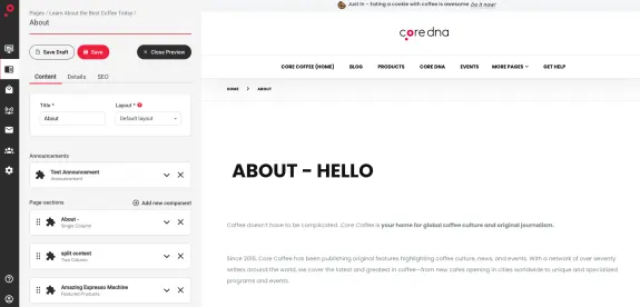 Core Coffee about page editor view with content and layout options