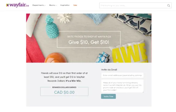Wayfair promotion offering $10 discount for inviting friends.