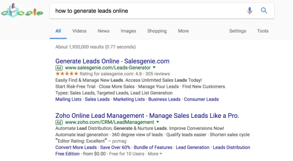 Google search results for 'how to generate leads online' with ads from Salesgenie and Zoho.