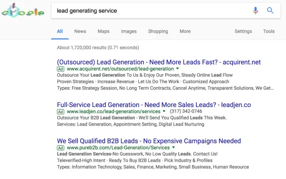 Google search results for lead generating service with ads listed.