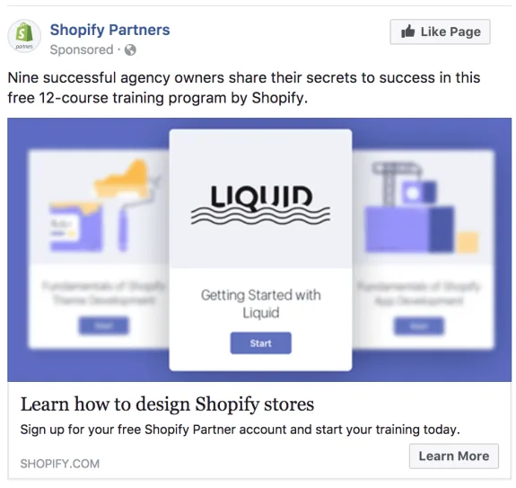 Shopify Partners ad promoting free 12-course training including Liquid development.
