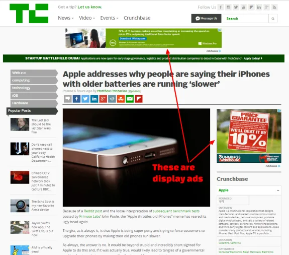 Tech news article page with smartphone image and display ads on the sides.