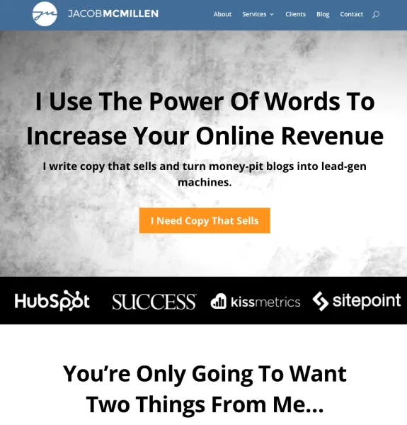 Copywriting service homepage banner stating increase online revenue with words.