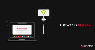 Laptop screen showing no internet on black background with broken web message.