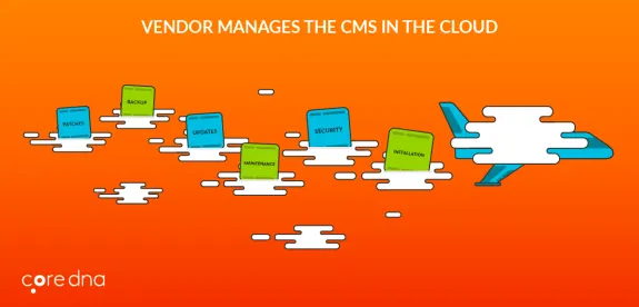 Illustration showing cloud CMS management with patches, backup, updates, security, maintenance, installation.