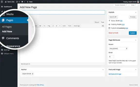 WordPress interface showing add new page option with settings.