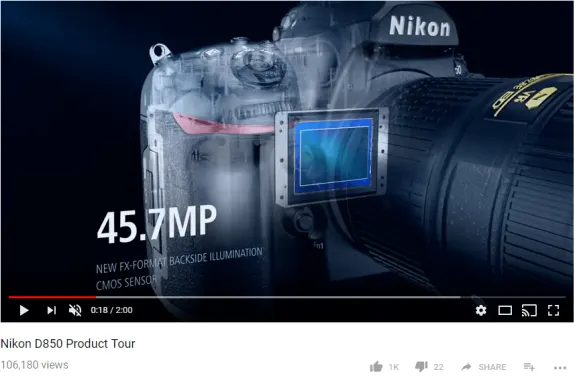 3D view of Nikon D850 camera showcasing 45.7MP sensor technology