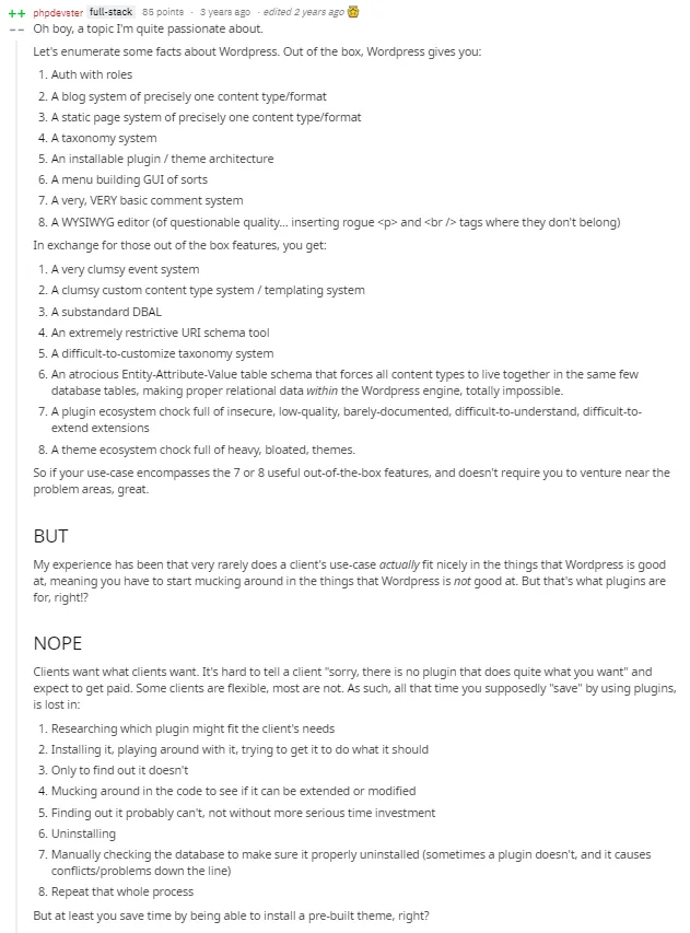 Discussion on Wordpress features and plugin limitations.