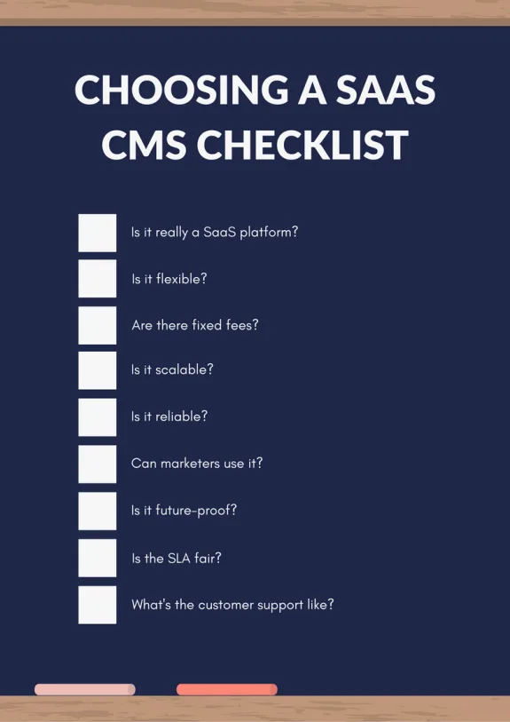 Checklist for choosing a SaaS CMS tool on a blue background with wooden border.
