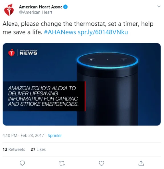 Amazon Echo Alexa providing cardiac and stroke emergency information from American Heart Association.