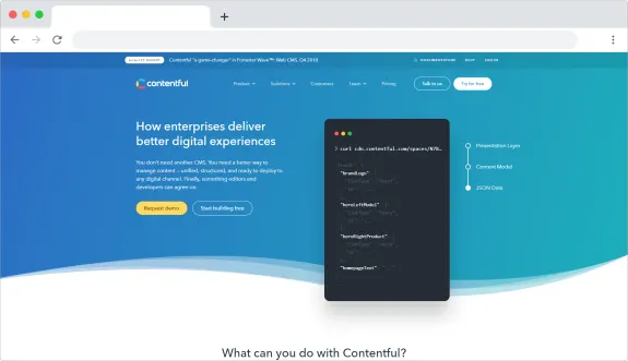 Contentful homepage showcasing digital experiences and content management features.