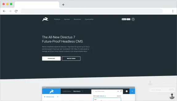 Directus 7 headless CMS website preview with download and watch video options.
