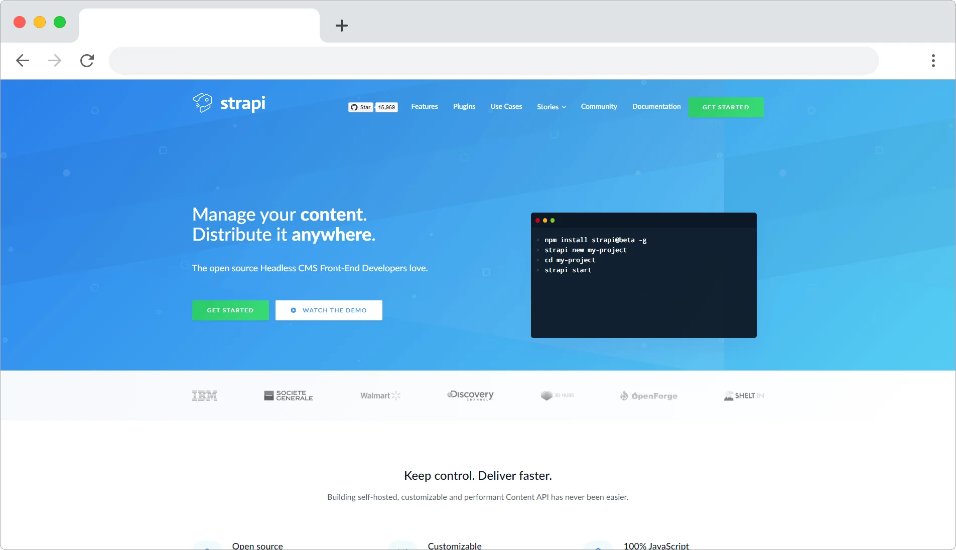 Strapi homepage with blue background and setup instructions displayed.