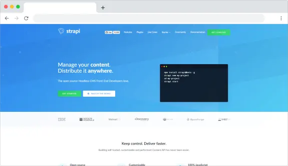 Strapi homepage with blue background and setup instructions displayed.