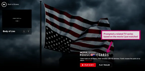 American flag with House of Cards promo and play buttons.