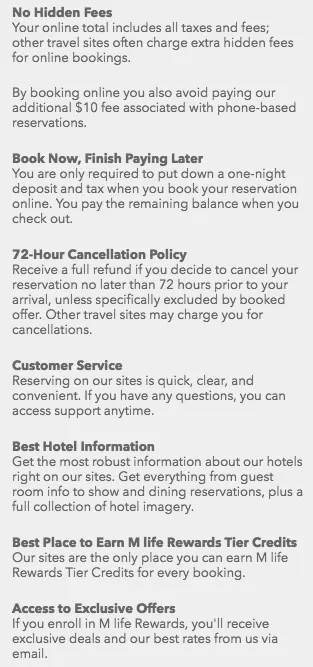 List of hotel booking benefits including no hidden fees and 72-hour cancellation policy.