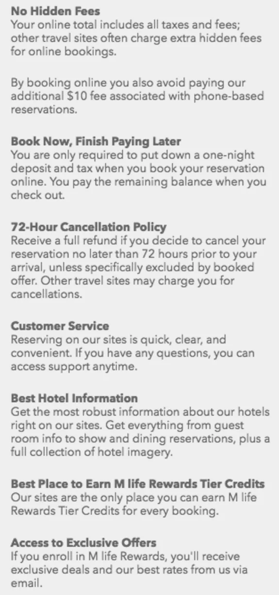 List of hotel booking benefits including no hidden fees and 72-hour cancellation policy.