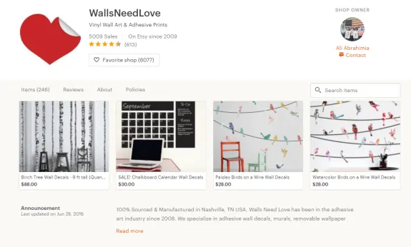 Etsy shop page for WallsNeedLove featuring various wall decals and art prints.