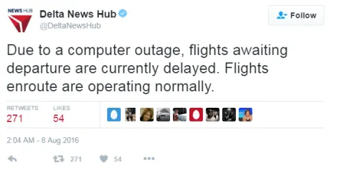 Tweet from Delta News Hub about flight delays due to computer outage on August 8, 2016.